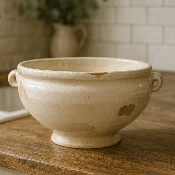 NWT Distressed Farmhouse Style Ivory Bowl With Crackle Glaze - Picture 5 of 8